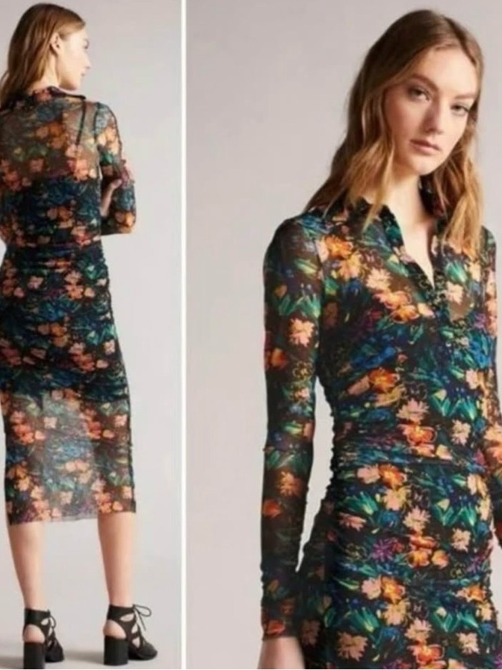Ted Baker Black Sheer Long-Sleeve Floral Midi Dress L